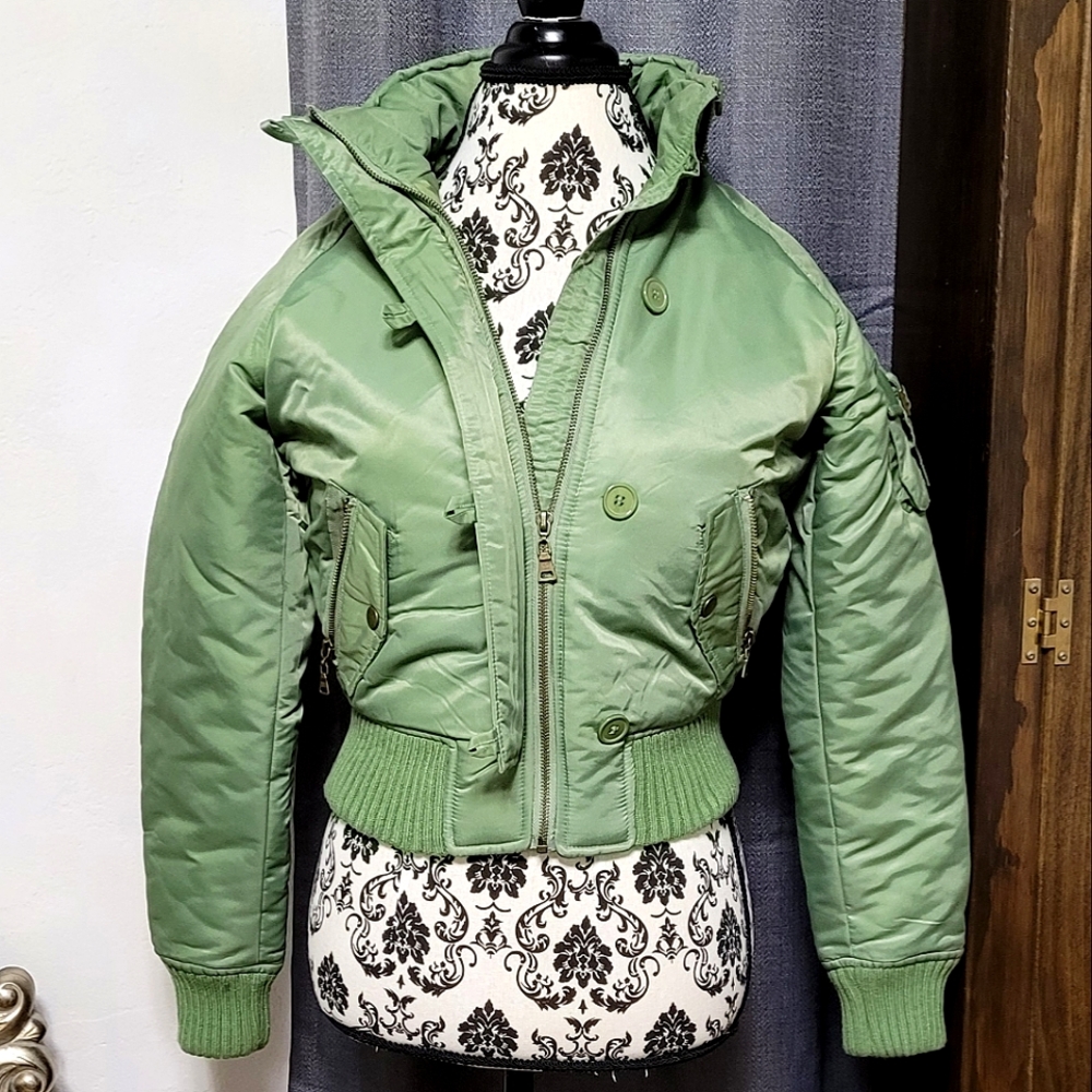 Olive Green Puffer/Bomber Jacket with Removeable Faux Fur Lined Hood